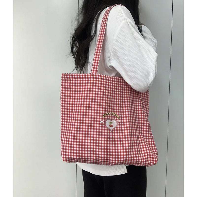 Retro Plaid Women's Portable Shopping Bags Eco Reusable Female Cotton Tote Shoulder Bag College Girls Book Handbags with Zipper