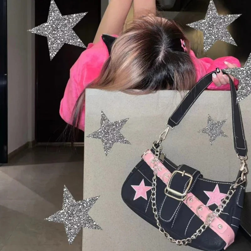 Star Pattern Y2K Hot Girl Chain Shoulder Bags for Women Black Pink Handbag Luxury Designer Grunge Bag Gothic Motor Style Sling
