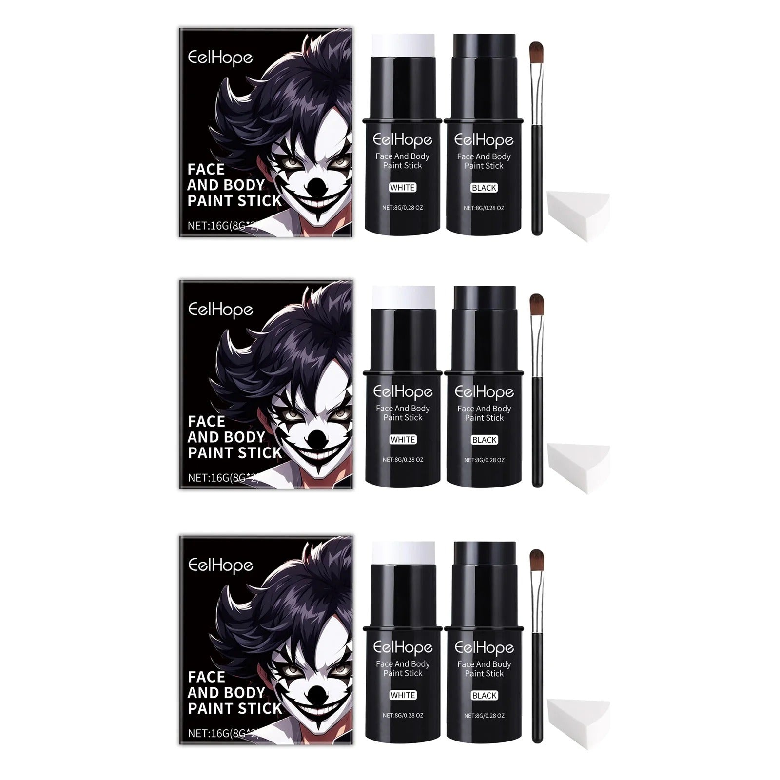 Halloween Black White Face Body Paint Kit Full Coverage Lighweight Foundation Clown Joker Makeup Festive Makeup Accessories Set