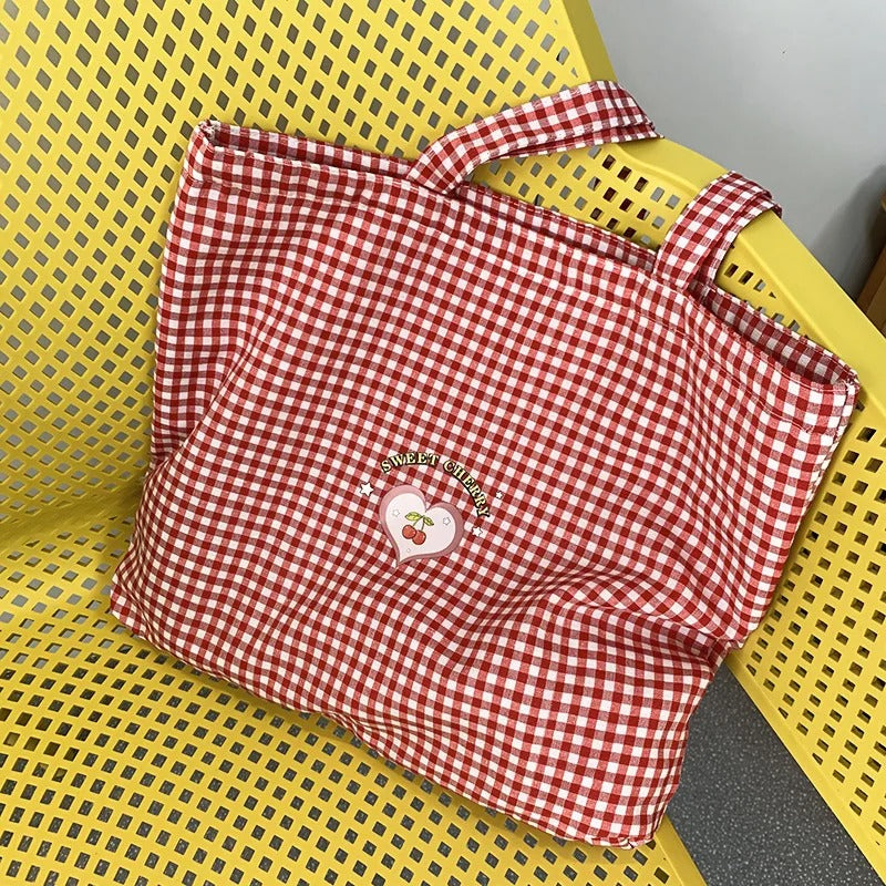 Retro Plaid Women's Portable Shopping Bags Eco Reusable Female Cotton Tote Shoulder Bag College Girls Book Handbags with Zipper