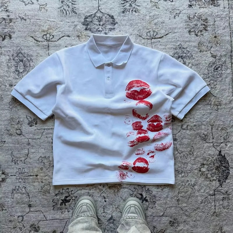 Y2K Polo Shirt Print Rock Goth Oversized T-shirt Hip Hop Button-down Collar Shirt Punk Casual Tee Minimalist and Fashionable