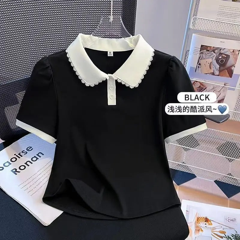 Summer large-size women's clothing new classic contrasting color sports girl style loose lace collar short-sleeved T-shirt