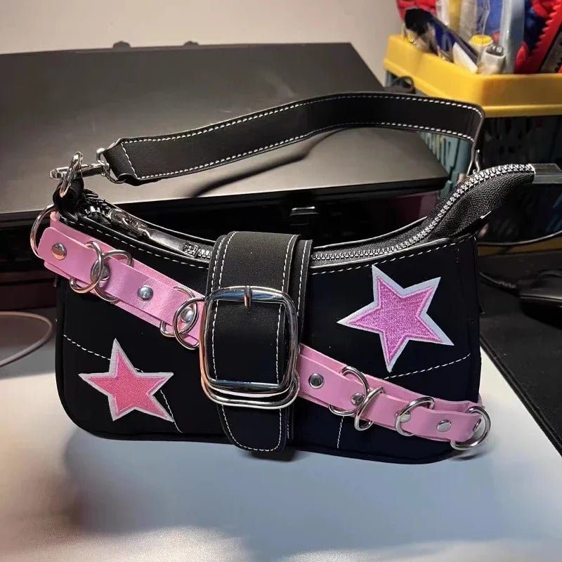 Star Pattern Y2K Hot Girl Chain Shoulder Bags for Women Black Pink Handbag Luxury Designer Grunge Bag Gothic Motor Style Sling