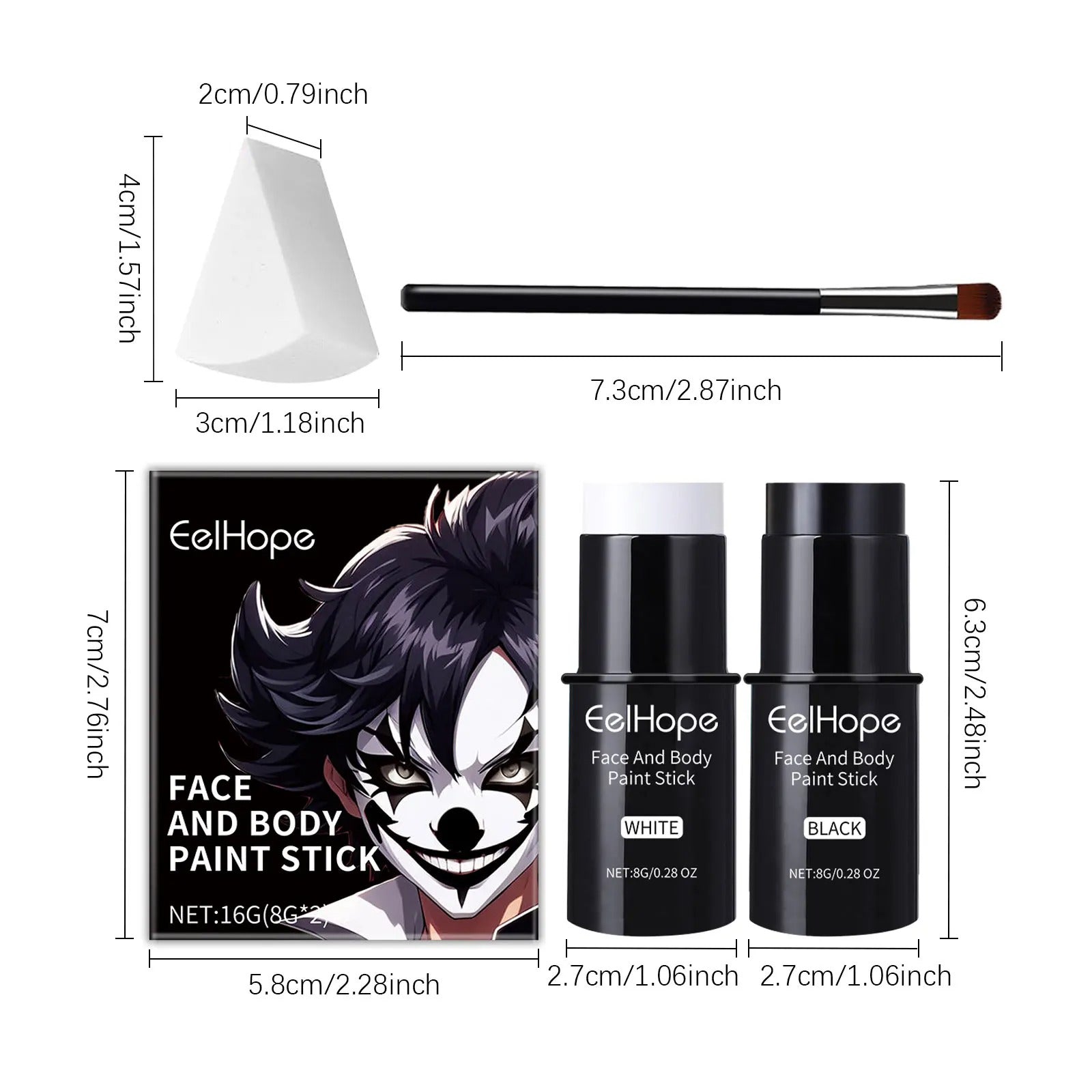 Halloween Black White Face Body Paint Kit Full Coverage Lighweight Foundation Clown Joker Makeup Festive Makeup Accessories Set