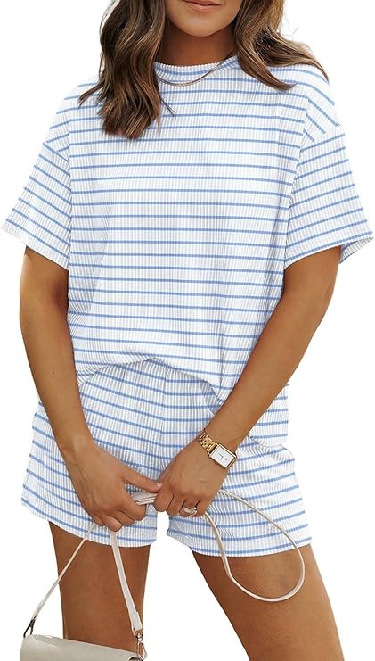MARZXIN Women 2 Piece Shorts Set 2026 Casual Summer Cruise Outfits Ribbed Loose Short Sleeve Pocket Matching Lounge Sets