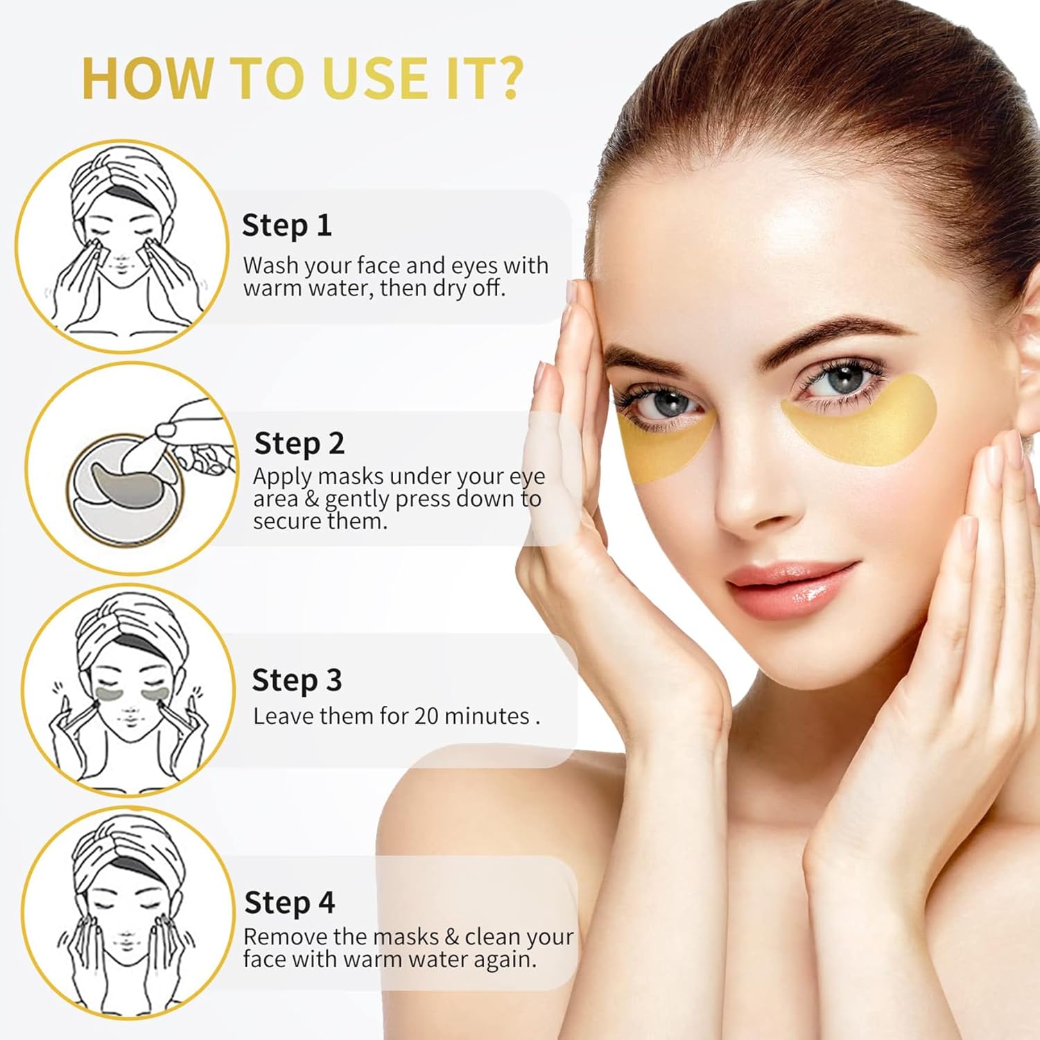 NAZANO 24K Gold Under Eye Patches - 60 Pack Eye Masks | for Puffy Eyes Dark Circles, Bags & Wrinkles with Collagen & Hyaluronic Acid - Eye Care Pads for Daily Skincare (Gold)