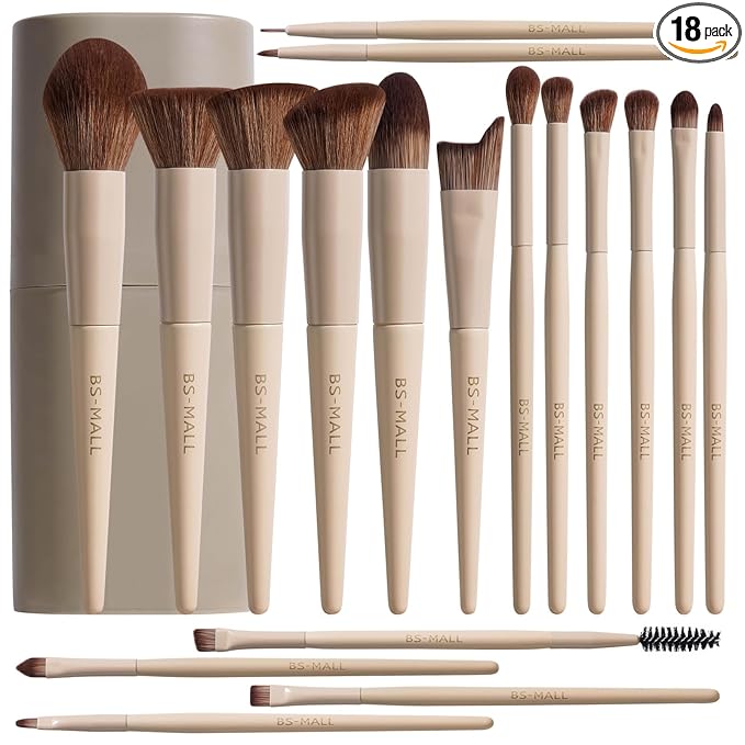 BS-MALL Makeup Brush Set 18 Pcs Professional Foundation Powder Concealers Eyeshadow Blush Synthetic Makeup Brushes with Labeled instruction Black Case Upgraded Version