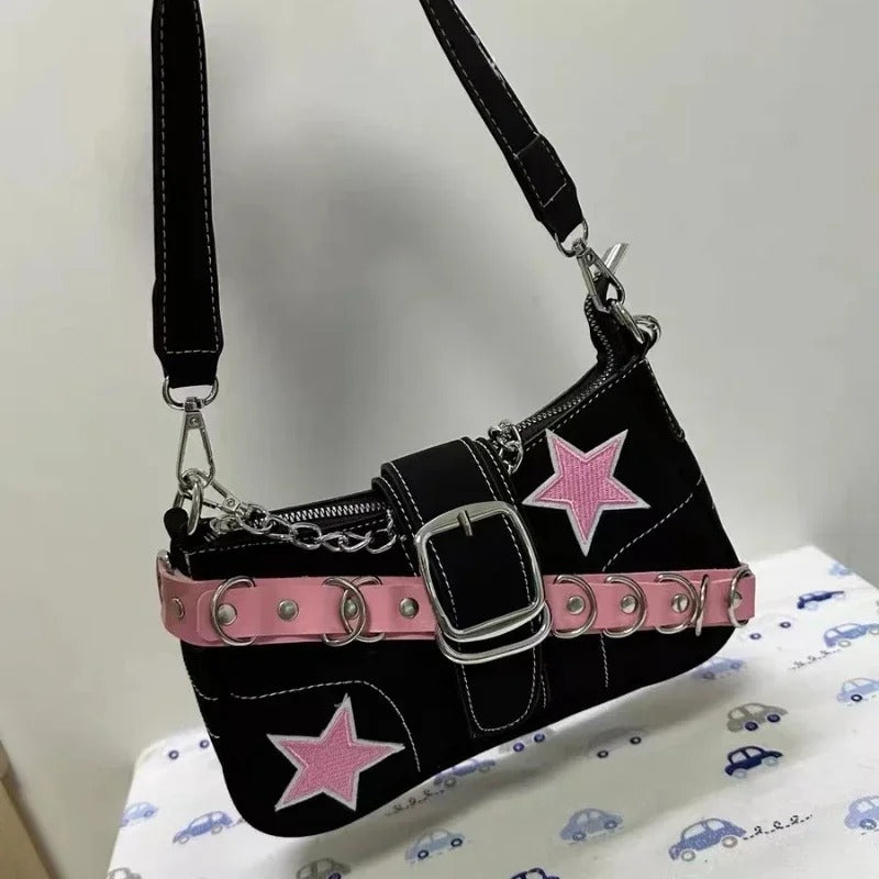 Star Pattern Y2K Hot Girl Chain Shoulder Bags for Women Black Pink Handbag Luxury Designer Grunge Bag Gothic Motor Style Sling