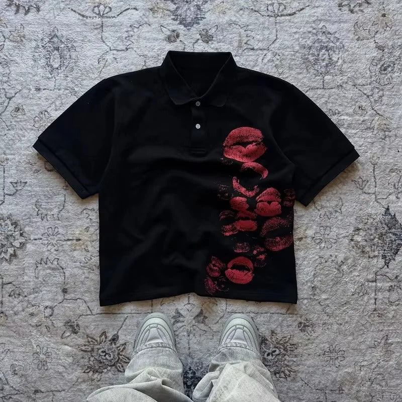 Y2K Polo Shirt Print Rock Goth Oversized T-shirt Hip Hop Button-down Collar Shirt Punk Casual Tee Minimalist and Fashionable