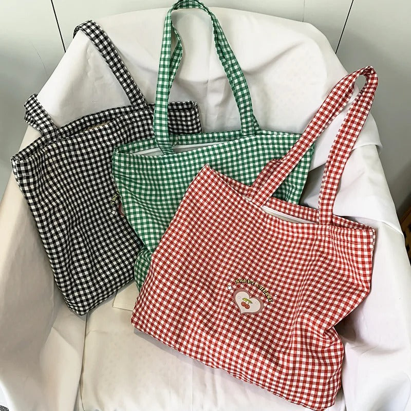Retro Plaid Women's Portable Shopping Bags Eco Reusable Female Cotton Tote Shoulder Bag College Girls Book Handbags with Zipper