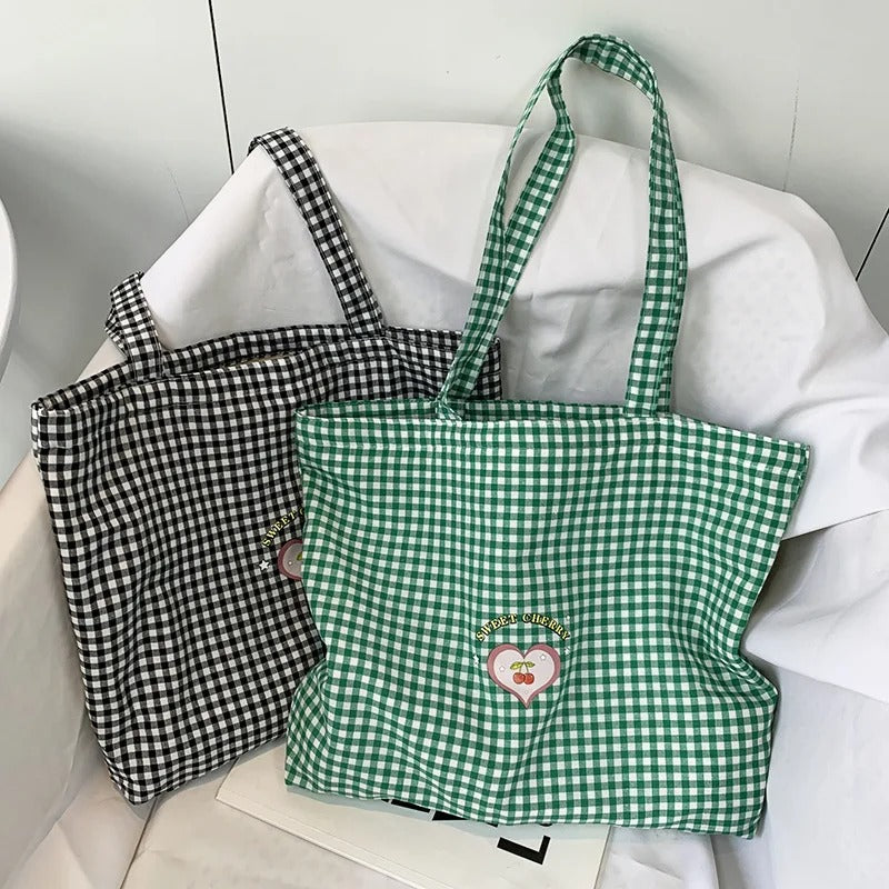 Retro Plaid Women's Portable Shopping Bags Eco Reusable Female Cotton Tote Shoulder Bag College Girls Book Handbags with Zipper
