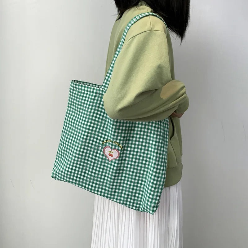 Retro Plaid Women's Portable Shopping Bags Eco Reusable Female Cotton Tote Shoulder Bag College Girls Book Handbags with Zipper